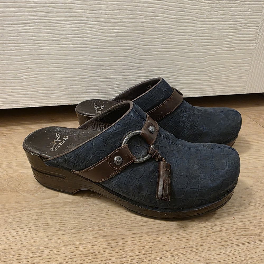 Dansko Blue Suede Brown Leather Tassels Shandi Boho Slip On Clogs Size 7.5 - Picture 2 of 8